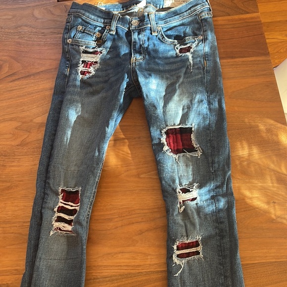 Rag and Bone skinny jeans with holes and Buffalo plaid flannel patches - Picture 3 of 3